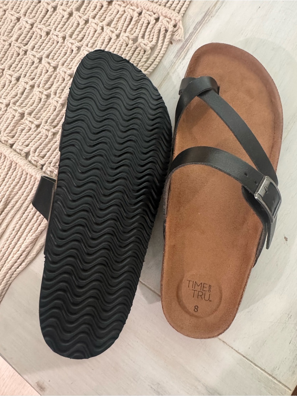 Time and Tru Black Strap Sandals with Brown Footbed